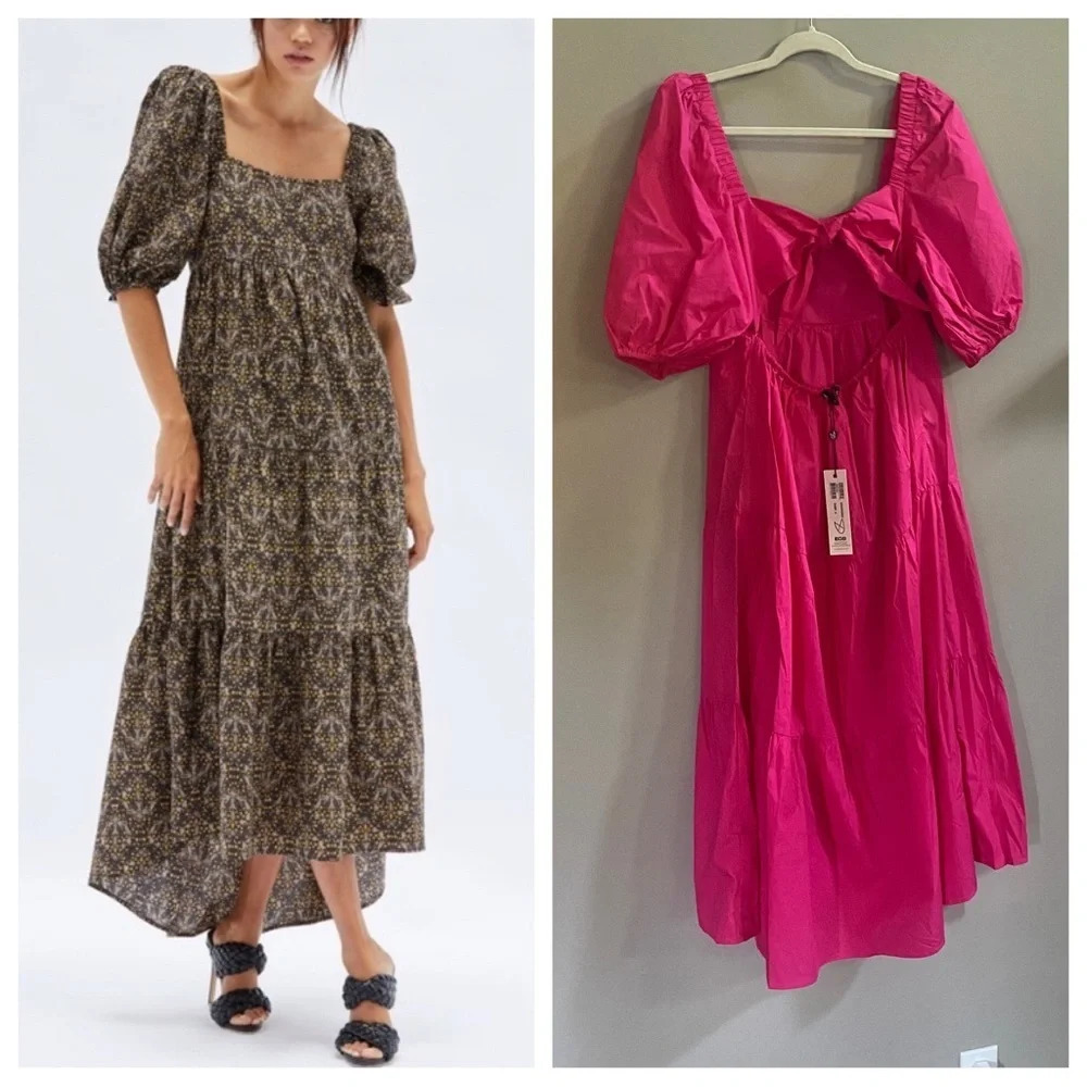 New! Minkpink Yasamin puff sleeve tiered midi dress raspberry pink 13984 - Picture 2 of 7